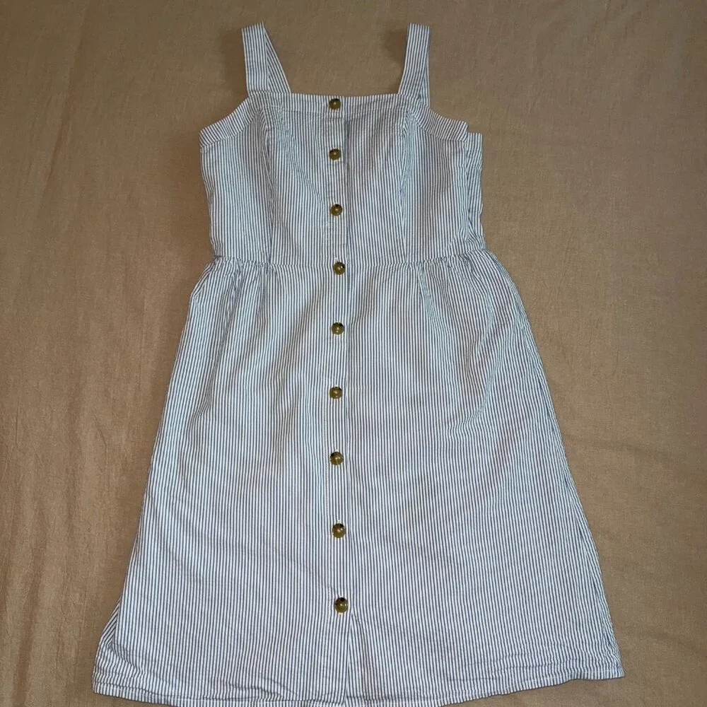 J. Crew Button Front‎ Blue White Striped Seersucker Dress Size 0